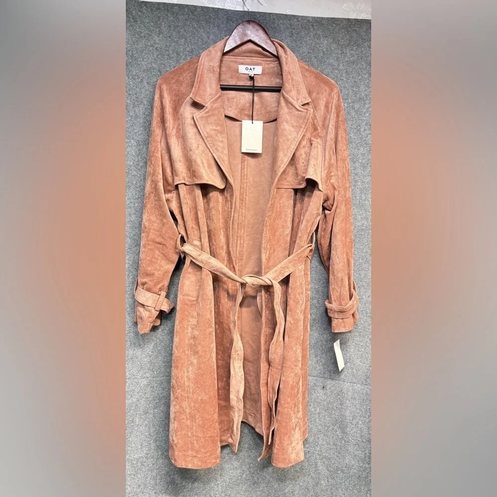 Oat New York Suede Blush long tie belt Trench Coat Medium with pockets - Picture 5 of 12